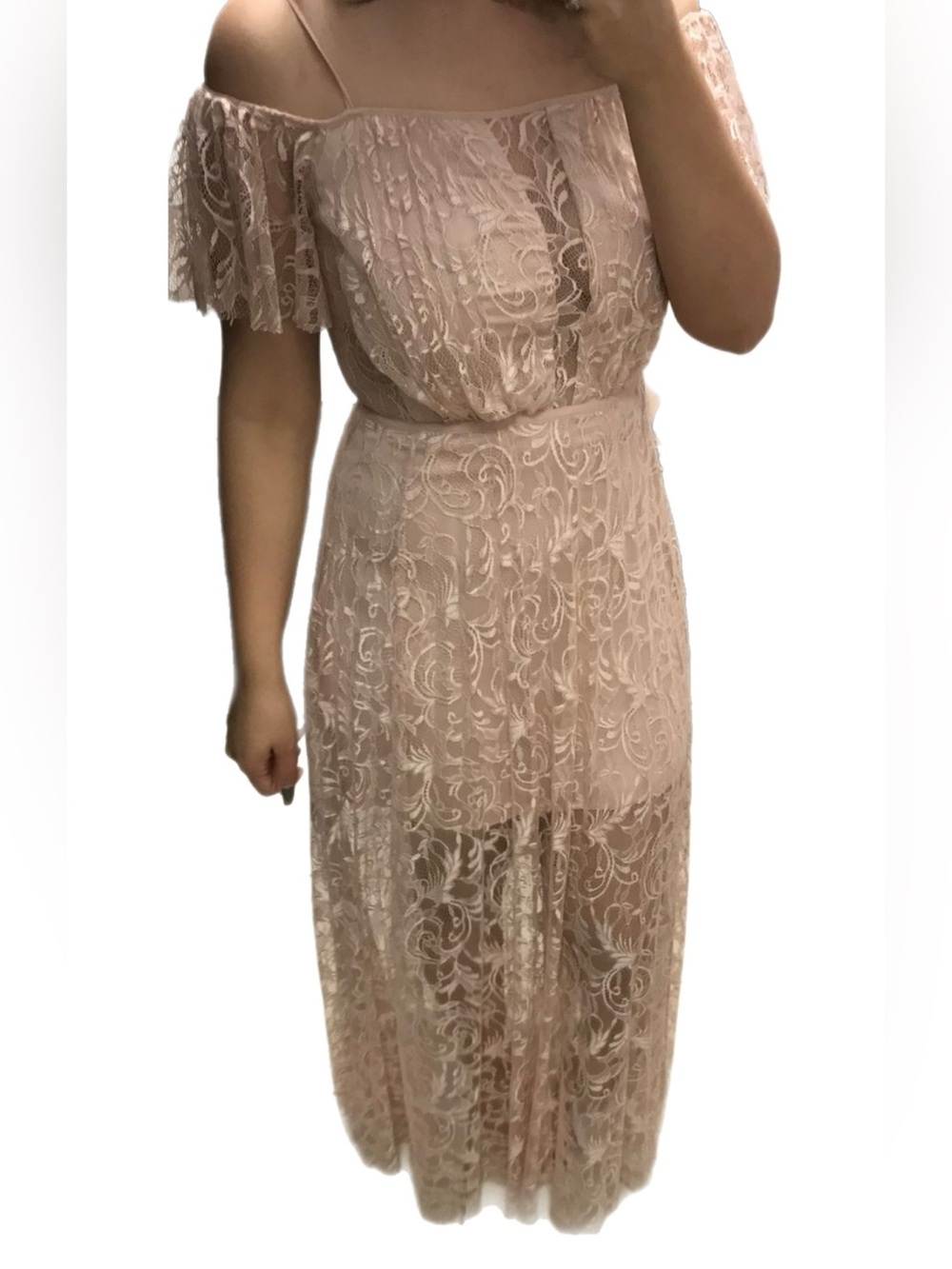 Bebe Blush Pink Lace Off-Shoulder Maxi Dress Size 8